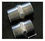 Typical DN 25 Hex Nipples - adopted thread length (as indicated by dimension marking) compared to the recommended length.